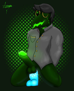 bottomless clothed clothing dildo genitals green_body green_eyes green_skin male male/male neon_green penis plague_doctor sex_toy shirt shirt_only simple_background solo topwear topwear_only amon_wolf avian bird corvid monster oscine passerine hi_res