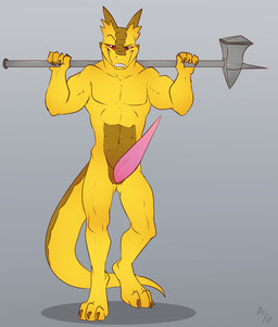 2_horns animal_genitalia animal_penis anthro big_penis biped black_eyes claws digitigrade erection eyebrows frill_(anatomy) front_view genitals grin hammer head_crest head_frill holding_hammer holding_object holding_tool holding_warhammer holding_weapon horn huge_penis looking_at_viewer male muscular muscular_male nude penis red_sclera scales simple_background smile solo standing toe_claws tools warhammer weapon yellow_body yellow_scales yoke_pose fuf lizard reptile scalie 2019 digital_media_(artwork) full-length_portrait hi_res portrait