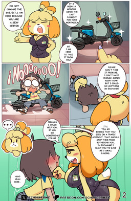 anthro biped blonde_hair blush bodily_fluids bottomwear breasts clothed clothing female hair human_on_anthro interspecies male male/female motor_scooter pupils smile sweat tail tail_tuft text thick_thighs topwear tuft yellow_body ichduhernz animal_crossing nintendo isabelle_(animal_crossing) canid canine canis domestic_dog human mammal shih_tzu toy_dog 2025 absurd_res english_text hi_res