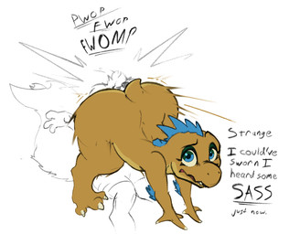 all_fours anthro ass_to_face big_butt bottomwear butt clothing dialogue duo feet huge_butt looking_at_viewer male nude shorts sound_effects text mukihyena halo_(series) microsoft xbox_game_studios kiggy mouffy_(bitfly) alien canid canine canis domestic_dog hybrid kig-yar mammal mephitid poodle ruuhtian scalie skunk english_text