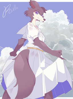 anthro blue_eyes bottomwear brown_body cheek_tuft clothed clothing clothing_lift cloud countershade_face countershading facial_tuft female looking_at_viewer nails outside rear_view school_uniform sharp_nails skirt skirt_lift sky smile solo tail tuft uniform rullu_1507 beastars juno_(beastars) canid canine canis mammal wolf 2026 digital_drawing_(artwork) digital_media_(artwork) hi_res