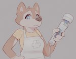 anthro apron blue_eyes clothed clothing female footprint fully_clothed grey_background hitachi_magic_wand looking_at_viewer pawprint sex_toy shirt simple_background solo standing topwear vibrator wand_vibrator skidoo canid canine canis domestic_dog husky mammal nordic_sled_dog spitz hi_res shaded simple_shading