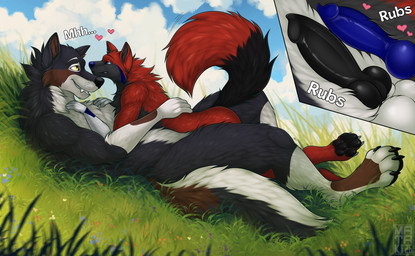 animal_genitalia animal_penis anthro balls black_body black_claws black_fur black_pawpads blue_eyes blue_markings brown_markings canine_genitalia canine_penis cheek_tuft claws day dipstick_tail duo erection eye_contact facial_tuft fangs fur genitals grass heart_symbol knot knotted_penis looking_at_another looking_pleasured lying_on_another male male/male markings moan multicolored_body multicolored_fur nude on_grass on_ground outside pawpads penile penis penises_touching plant red_body red_fur side_view size_difference sky snout tail tail_markings teeth tuft white_body white_fur yellow_eyes mataki23 canid canine canis fox mammal wolf colored digital_drawing_(artwork) digital_media_(artwork) hi_res shaded
