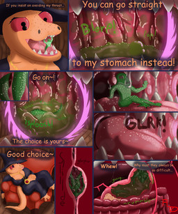 anthro bodily_fluids bone breasts brown_eyes cleavage clothed clothing duo extreme_size_difference female female_pred green_body guts in_mouth internal intestines liver magic_user male male/female male_prey mouth_shot open_mouth oral_vore orange_body organs pancreas portal red_eyes sadism size_difference stomach stomach_acid swallowing tail_drop teasing text uvula vore witch flightlesslizard alledine_(flightlesslizard) monitor_(flightlesslizard) amphibian gecko lizard newt reptile salamander scalie 5:6 absurd_res comic english_text hi_res