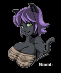 anthro areola big_breasts breasts female green_eyes hair looking_at_viewer nipples outline purple_hair simple_background solo tail text transparent_background spn corruption_of_champions niamh_(coc) domestic_cat felid feline felis mammal alpha_channel english_text