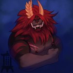 anthro big_muscles facial_piercing flexing flexing_bicep fur male mane muscular muscular_male nipple_piercing nipples nose_piercing nose_ring pecs piercing red_body red_fur ring_piercing scar sharp_teeth solo teeth tusks tali-draws nintendo tears_of_the_kingdom the_legend_of_zelda lynel 1:1