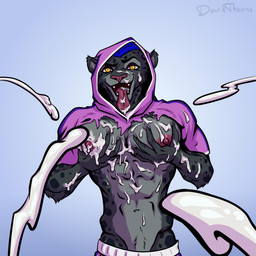anthro barazoku bodily_fluids bukkake clothing cum genital_fluids jock looking_at_viewer male muscular muscular_male nipples simple_background solo darkthorns meme_clothing felid mammal pantherine 1:1 absurd_res hi_res meme