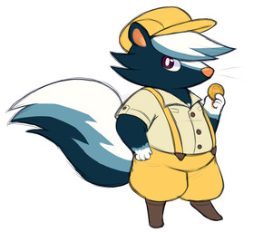anthro belly boots bottomwear brown_eyes clothed clothing coin collared_shirt digitigrade dress_shirt flat_cap fluffy fluffy_tail footwear gloves_(marking) hair hat headgear headwear holding_coin holding_object looking_at_viewer male markings mouthless overweight overweight_anthro overweight_male shirt shoes shorts simple_background solo suspenders tail topwear whiskers white_background white_hair smash-chu animal_crossing nintendo kicks_(animal_crossing) mammal mephitid skunk digital_drawing_(artwork) digital_media_(artwork) full-length_portrait portrait