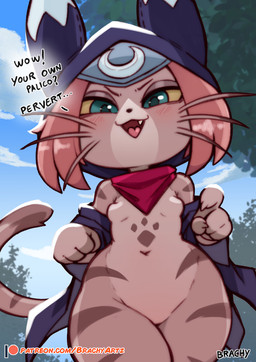 anthro belly belly_markings black_nose blush blush_lines breasts clothing dialogue eyelashes featureless_breasts featureless_crotch female front_view fur green_eyes hair looking_at_viewer markings navel open_mouth open_smile pink_hair purple_clothing red_scarf scarf short_hair small_breasts smile snaggle_tooth solo talking_to_viewer tan_body tan_fur text thick_thighs whiskers white_body white_fur wide_hips yellow_sclera brachyzoid capcom monster_hunter monster_hunter_stories_2:_wings_of_ruin tsukino_(monster_hunter_stories) felid felyne lynian mammal palico