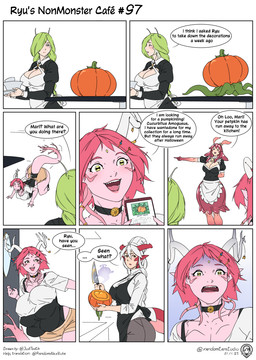 6_breasts accessory all_fours antennae_(anatomy) apron big_breasts black_apron black_choker black_clothing black_jewelry black_necklace bottomwear bouncing_breasts breasts cellphone choker cleavage clothed clothing container cup door electronics eyelashes female food forehead_gem fruit gem green_eyes green_hair group hair hair_accessory hairclip holding_container holding_cup holding_knife holding_object holding_phone holding_pumpkin horn humanoid_pointy_ears jewelry knife long_hair maid_uniform multi_breast necklace open_mouth phone pink_body pink_hair pink_skin plant pointy_ears pumpkin red_hair red_horn shirt short_hair shorts simple_background smartphone smile standing tail tan_bottomwear tan_clothing tan_shorts text thick_thighs topwear uniform white_apron white_background white_clothing white_horn white_shirt white_topwear wide_hips randomtanstudio mythology kelly_(randomtanstudio) loo_(randomtanstudio) mari_(randomtanstudio) ryu_(randomtanstudio) animal_humanoid aquatic aquatic_humanoid cnidarian cnidarian_humanoid dragon dragon_humanoid elemental_creature flora_fauna gastropod gastropod_humanoid humanoid jellyfish_humanoid medusozoan medusozoan_humanoid mollusk mollusk_humanoid mythological_creature mythological_scalie scalie slug_humanoid comic english_text hi_res