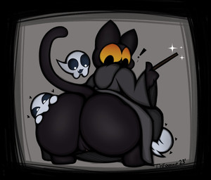 anthro big_butt black_body black_eyes black_fur butt clothed clothing crouching exclamation_point female fur genitals grey_background grey_clothing grey_robe huge_butt looking_back no_underwear rear_view robe simple_background solo vulva wide_hips yellow_sclera thfooxxir google google_doodle magic_cat_academy momo_(google) domestic_cat felid feline felis mammal hi_res