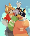 anthro black_body black_fur blue_body blue_fur clothed clothing fur group looking_at_viewer male open_clothing open_shirt open_topwear orange_body orange_fur overweight overweight_male shirt simple_background smile stubble t-shirt topwear trio yellow_body yellow_fur ginnosuke bluey_(series) bandit_heeler radley_heeler stripe_heeler australian_cattle_dog canid canine canis cattledog domestic_dog herding_dog mammal pastoral_dog absurd_res hi_res brother_(lore) brothers_(lore) sibling_(lore)