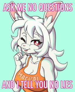 anthro breasts buckteeth cleavage clothed clothed_female clothing female fur hair nipple_outline one_eye_closed open_mouth pink_nose red_eyes shirt solo tank_top teeth text topwear white_body white_fur white_hair wink daigaijin beldora_(hunter-zero) lagomorph leporid mammal rabbit english_text hi_res
