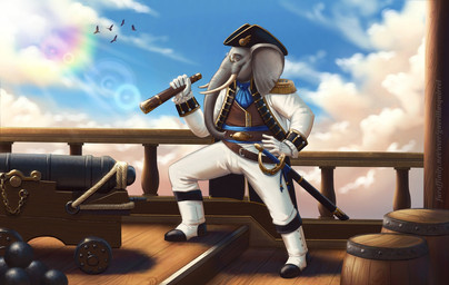 anthro barrel belt boat boots cannon cannonball clothing cloud cloudy_sky cravat eyewear footwear formal_wear glasses gloves hand_on_hip handwear hat headgear headwear jacket lens_flare looking_at_viewer male mature_male melee_weapon proboscis_(anatomy) ranged_weapon shoes shoulder_pads sky solo standing step_pose sword telescope topwear trunk_(anatomy) tusks vehicle vest watercraft weapon wearing_glasses guerillasquirrel hysterium elephant elephantid mammal proboscidean 2015