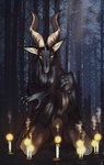 black_body black_fur candle covering covering_self female fire forest fur horn long_ears long_horn plant ritual skinny solo tree yellow_eyes 0l-fox-l0 bovid caprine caprine_demon demon goat mammal absurd_res hi_res huge_filesize