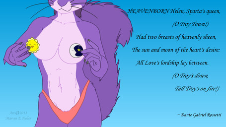 breasts clothed clothing female fur hair moon panties poetry purple_body purple_fur purple_hair solo sun text topless underwear cybercorn_entropic amethyst_du_sciur mammal rodent sciurid tree_squirrel 2013 english_text