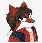 anthro brown_eyes brown_hair clothing fur hair jacket leather leather_clothing male red_body red_clothing red_fur serious_face solo topwear white_body white_fur xefino the_adventure_of_xefino adrien_warmher canid canine canis fox hybrid mammal wolf traditional_media_(artwork)