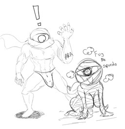 1_eye big_breasts breasts bulge cleavage clothed clothing duo exclamation_point female heart_eyes heart_symbol male muscular not_furry scarf text thong underwear unknown_artist nuclear_throne rebel_(nuclear_throne) cyclops humanoid mummy undead english_text