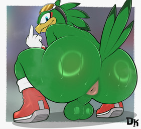 anthro anus backsack balls big_butt blue_eyes bodily_fluids butt butt_focus clothing crouching feathers femboy footwear genitals gesture glistening glistening_balls glistening_butt glistening_genitalia gloves green_body green_feathers hand_gesture handwear looking_at_viewer looking_back looking_back_at_viewer male middle_finger mostly_nude shoes simple_background solo squats sweat sweaty_butt derickk76 sega sonic_riders sonic_the_hedgehog_(series) jet_the_hawk accipitrid accipitriform avian bird 2026 hi_res