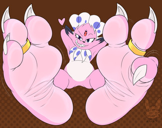 3_toes anthro claws countershade_feet countershading digit_ring feathers feet foot_focus fur jewelry lying male nude on_back paws pink_body pink_fur pink_soles plantigrade pokemorph presenting purple_eyes ring simple_background smile soles solo tail toe_claws toe_ring toes two_tone_feet two_tone_paws wrinkled_feet wrinkles bnuuyman nintendo pokemon fan_character kerolink generation_4_pokemon pokemon_(species) weavile colored digital_media_(artwork) full-length_portrait hi_res portrait shaded watermark