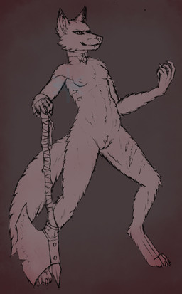 anthro athletic axe cheek_tuft choker claws facial_tuft female foreshortening genitals greataxe jewelry leg_scar necklace nude pubes pupils scar simple_background slit_pupils soft_abs solo tuft vulva frostwyrm102 canid canine fox mammal red_fox true_fox hi_res sketch