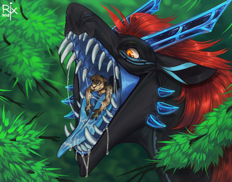 anthro anthro_prey black_body blue_insides blue_mouth blue_tongue blurred_background bodily_fluids brown_body brown_fur cheek_spikes drooling duo ears_back extreme_size_difference eyewear facial_spikes female feral feral_pred fur glasses glistening glistening_eyes hair in_mouth logo male mouth_shot nature nature_background on_tongue open_mouth oral_vore orange_eyes outside partially_inside pivoted_ears plant rectangular_glasses red_hair saliva saliva_on_chin saliva_on_tongue saliva_string sharp_teeth size_difference spikes spikes_(anatomy) teeth tongue tongue_out tree uvula vore riorix mammal mustelid otter species_request 2018 artist_logo dated