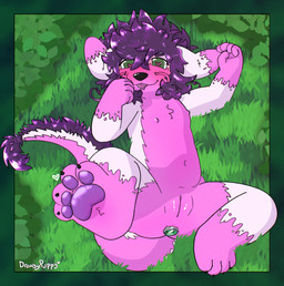 andromorph anthro fur genitals green_eyes intersex pink_body pink_fur solo vulva young drowsypuppy mythology dragon eastern_dragon mythological_creature mythological_scalie scalie absurd_res hi_res