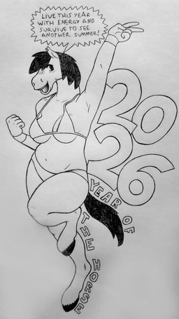 anthro bikini bouncing_breasts breasts clothing dialogue female gesture hand_gesture holidays hooves solo swimwear text two-piece_swimsuit v_sign perrox chinese_zodiac new_year new_year_2026 year_of_the_horse equid equine horse mammal 2026 absurd_res black_and_white english_text hi_res monochrome traditional_media_(artwork)