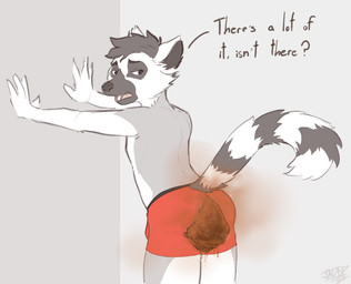 anthro asking black_body black_fur black_hair black_inner_ear_fluff boxer_briefs boxer_briefs_only clothed clothing feces fur grey_background grey_body grey_fur hair hand_on_wall inner_ear_fluff looking_back male markings narrowed_eyes open_mouth raised_tail red_boxer_briefs red_clothing red_underwear scatplay simple_background soiled_underwear soiling soiling_boxer_briefs soiling_briefs soiling_underwear solo striped_markings striped_tail stripes tail tail_markings teeth text topless topless_anthro topless_male tuft underwear underwear_only white_body white_fur jadeder lemur mammal primate ring-tailed_lemur strepsirrhine artist_name english_text