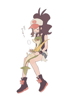 ambiguous_gender anthro blush blush_lines boots bottomwear brown_hair clothing denim denim_bottomwear denim_clothing denim_shorts duo ellipsis emanata eyes_closed female footwear green_body hair hand_holding hat headgear headwear open_mouth red_eyes shoes shorts simple_background sitting size_difference tail text himetya105 nintendo pokemon hilda_(pokemon) generation_5_pokemon human mammal pokemon_(species) scalie servine 2025 hi_res japanese_text