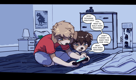 ahoge anthro bangs bedroom bedside_table big_ears blonde_hair blue_eyes brown_hair clothed clothing curtains detailed_background dialogue drawer duo floppy_ears folded_ears fully_clothed gaming hair inside lamp lava_lamp lop_ears pillow plushie poster short_hair sitting speech_bubble text three-quarter_view toony vase wavy_hair young conditional_dnp furward_thinker steam_deck valve_corporation valve_hardware canid canine canis domestic_dog mammal 2026 absurd_res artist_name colored digital_media_(artwork) digital_painting_(artwork) english_text hi_res painting_(artwork) shaded signature