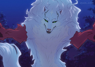 blue_body blue_fur feral fur green_eyes looking_at_viewer low-angle_view male night red_body red_fur red_paws seductive solo tail worm's-eye_view jambu_bidjieh campfire_cooking_in_another_world_with_my_absurd_skill mythology fel_(campfire_cooking) canid canine canis mammal wolf hi_res shaded