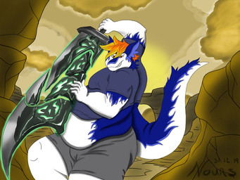 anthro belly belly_exposed big_belly big_sword blue_body blue_fur clothing confident_expression detailed_background fight fighting_pose fur gaming hair male melee_weapon moobs multicolored_body obese obese_male orange_eyes orange_hair overweight overweight_male pandanours pose smile solo sword tail thick_tail undersized_clothing weapon white_body white_fur league_of_legends mythology riot_games tencent ryushi dragon furred_dragon furred_scalie mythological_creature mythological_scalie scalie 2019 4:3 digital_media_(artwork)