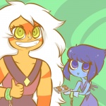 blue_body blue_eyes blue_hair blue_skin cuff_(restraint) duo female forced_smile hair looking_at_viewer not_furry orange_body orange_skin restraints shackles white_hair yellow_eyes unknown_artist cartoon_network steven_universe jasper_(steven_universe) lapis_lazuli_(steven_universe) alien alien_humanoid gem_(species) humanoid jasper_(gem_species) lapis_lazuli_(gem_species) quartz_(gem_species) 1:1