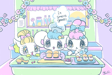 accessory alternative_fashion ambiguous_gender anthro bangs big_ears big_eyes blue_hair bow_ribbon chibi detailed_background dialogue eyelashes fairy_kei glistening glistening_eyes group hair hair_accessory hair_bow hair_ribbon hairclip j-fashion kemono markings on_model ribbons tail text trio tuft white_body yurie_sekiya peropero_sparkles cune_(peropero_sparkles) melo_(peropero_sparkles) rue_(peropero_sparkles) alien domestic_cat felid feline felis lagomorph leporid mammal mouse murid murine rabbit rodent 3:2 digital_drawing_(artwork) digital_media_(artwork) english_text hi_res official_art pastel_theme