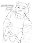 anthro biceps big_penis clothing empty foreskin genitals humanoid_genitalia humanoid_penis male muscular muscular_anthro muscular_male penis simple_background smile smirk solo tail text texting tight_clothing vein veiny_arms veiny_penis neverwolf beastars bill_(beastars) bengal_tiger felid mammal pantherine tiger english_text hi_res monochrome