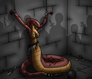 anthro apode ball_and_chain bone bound breasts cave chain chained clothing dark dungeon female fungus furgonomic_piercing furgonomics legless mushroom nipples non-mammal_breasts offscreen_character piercing prison serpentine solo torn_clothing undressed cobra_doodles kasseth_(character) cobra draconcopode humanoid naga reptile scalie snake hi_res