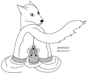 balls biting_ball duo feral fur genitals looking_at_viewer male male/male partially_submerged rear_view simple_background size_difference standing wet white_background urbanhermit canid canine canis domestic_dog mammal mustelid otter 1985 low_res monochrome