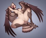 anthro beak black_beak breasts brown_eyes eyebrows eyelashes feathered_wings feathers featureless_breasts featureless_crotch feet female looking_at_viewer non-mammal_breasts nude simple_background smile solo spread_legs spreading toes wings danomil kwaza_(ozawk) avian bird 2022 digital_media_(artwork)