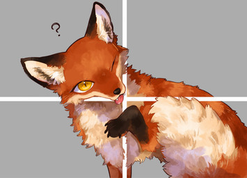 ambiguous_gender claws fangs feral fur inner_ear_fluff one_eye_closed orange_body orange_fur paws question_mark simple_background solo teeth tongue tongue_out tuft yellow_eyes ytkmrs canid canine fox mammal 2026 absurd_res hi_res