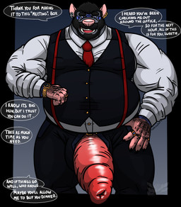 accessory anthro barazoku beard big_penis boss bottomwear bulge clock clothed clothing collared_shirt dress_shirt ear_piercing ear_ring eyewear facial_hair foreskin genitals glasses hand_on_hip huge_penis looking_at_viewer male musclegut muscular muscular_arms muscular_male navel_outline necktie offering_sex overweight overweight_male pants partially_clothed penis penis_poking_out penis_through_fly piercing ring_piercing shirt smile solo standing suspenders talking_to_viewer text topwear vest watch nethgoorat neth_rusiki_azhti mammal murid murine rat rodent english_text hi_res