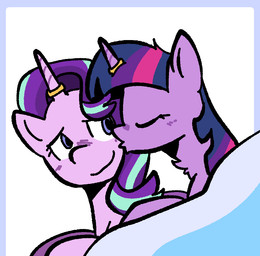 bedding blanket blush duo female feral horn horn_jewelry horn_ring jewelry kissing_cheek neck_tuft ring_(jewelry) simple_background tuft umamimare friendship_is_magic hasbro my_little_pony mythology starlight_glimmer_(mlp) twilight_sparkle_(mlp) equid equine mammal mythological_creature mythological_equine unicorn