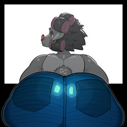 anthro big_butt black_border blue_bottomwear blue_clothing blue_jeans blue_pants border bottomwear butt butt_focus clothing cotton_tail denim denim_bottomwear denim_clothing ear_piercing ear_ring eyebrows female floppy_ears fur glistening glistening_bottomwear glistening_butt glistening_clothing glistening_pants gold_(metal) gold_ear_ring grey_body grey_eyebrows grey_fur grey_hair hair hair_curlers half-closed_eyes huge_butt jeans leaning leaning_forward looking_aside mature_anthro mature_female mouth_closed narrowed_eyes pants piercing pink_nose rear_view red_eyes ring_piercing shirt simple_background snout solo tight_bottomwear tight_clothing tight_pants topwear white_background white_clothing white_shirt white_topwear wrinkled_skin wrinkles nerobero0 beware_the_shadowcatcher zed_technician_games maude_(bts) bovid caprine mammal sheep 1:1 2026 hi_res portrait three-quarter_portrait