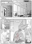 absurd_res anthro building canid canine clothed clothing coat comic dialogue domestic_cat duo elevator english_text felid feline felis fox hi_res inner_ear_fluff inside joseph(undying_void) kifyun2 lab_coat laboratory looking_back male mammal monochrome partially_clothed prosthetic prosthetic_arm prosthetic_limb scar simple_background sitting speech_bubble tatsuo_kimura tattoo text topwear tuft