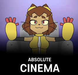 :3 anthro armor brown_hair clothing female furniture gauntlets gloves hair handwear jacket purple_background red_eyes simple_background sofa solo text topwear yellow_clothing yellow_jacket_(clothing) yellow_topwear toonsignal absolute_cinema gameoverse glitch_productions kit_bodega felid feline mammal english_text hi_res
