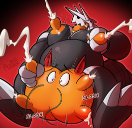 3_toes 4_fingers anthro anthrofied balls big_nipples black_balls black_body bodily_fluids body_part_transformation bovine_teats bovine_udders feet fingers genitals glans gradient_background horn humanoid_genitalia humanoid_penis lactating male male_lactation markings milk muscular nipples orange_glans orange_nipples orange_sclera orange_tongue penis projectile_lactation simple_background slosh solo spikes teats text toes tongue transformation udder_lactation udder_milking udder_transformation udders white_body white_markings year ahnik conditional_dnp nintendo pokemon chron_(ahnik) fan_character aggron generation_3_pokemon pokemon_(species) 2021 artist_name hi_res