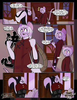 anthro arm_warmers armwear asian_clothing bed black_hair braided_hair chinese_clothing clothing dialogue duo east_asian_clothing evening fur furniture green_eyes hair legwear male pillow red_eyes scarf stockings text white_body white_fur white_hair thibbycat mickey_(thibbycat) xin_(thibbycat) mammal mephitid mouse murid murine rodent skunk chinese_text comic hi_res