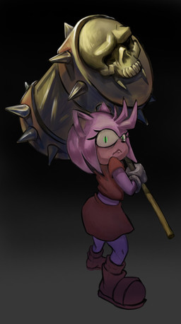 anthro black_background bottomwear clothing eyelashes female footwear green_eyes hammer pink_body shirt shoes simple_background skirt skull_symbol solo spikes stare tools topwear weapon trayforyou sega sonic_the_hedgehog_(series) amy_rose eulipotyphlan hedgehog mammal hi_res