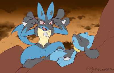 ambiguous_gender angry anthro duo eyes_closed gesture hand_gesture humor kneeling looking_at_another lying on_back open_mouth outside pointing pointing_at_self red_eyes spikes spikes_(anatomy) text unconscious mysticlucario image_comics invincible_(image_comics) nintendo pokemon think_mark_think! generation_4_pokemon lucario pokemon_(species) riolu 2021 meme url