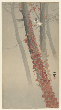 ambiguous_feral ambiguous_gender avian_feet beak biped bipedal_feral branch cjk_character dead_tree duo feathered_wings feathers feral fog forest ivy_(plant) leaf looking_down on_branch plant simple_background tail tail_feathers tree wings ohara_koson public_domain avian bird 20th_century absurd_res ancient_art hi_res traditional_media_(artwork)